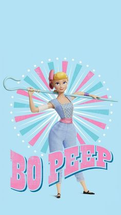 a woman holding a tennis racquet on top of a blue background with the words bo peep