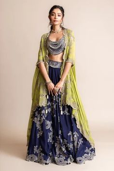 Shop for Nupur Kanoi Blue Cape- Georgette Embroidered Lehenga Set With Contrast Cape for Women Online at Aza Fashions Indian Lehangas, Nupur Kanoi, Elegant Skirt Outfits, Navy Blue Lehenga, Embroidery Mirror Work, Cape Lehenga, Girls Cape, Cape For Women, Mirror Work Lehenga