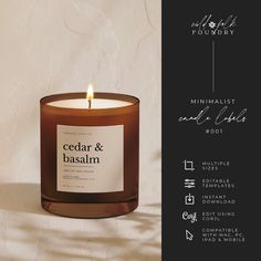 a candle with the label cedar and basilum on it