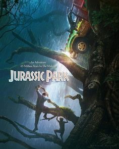 the movie poster for jurasi park with two people standing in front of a tree