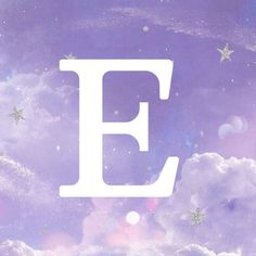 the letter e is surrounded by stars and clouds in the sky with purple hues