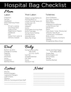 the hospital bag checklist is shown in black and white