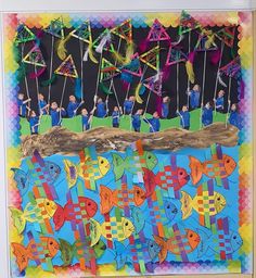 a collage of fish and kites on paper