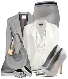 Work outfit Subtle Jewelry, White Attire, Womens Business Attire, Metal Element, Elegant Work Outfits, Grey Office, Blue Office, Corporate Attire, Grey Skirt