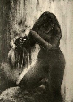 a black and white drawing of a woman leaning against a wall