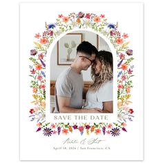 the save the date card features an image of a couple in floral frame and flowers