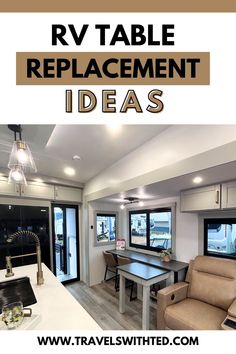 rv table and chairs in the kitchen with text overlay that reads rv table re - placement ideas