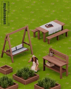 a woman sitting on a bench next to some wooden benches and tables in the grass