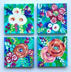 four paintings of flowers painted on canvases