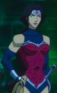 an animated image of a woman in a red and blue outfit holding a whipstick