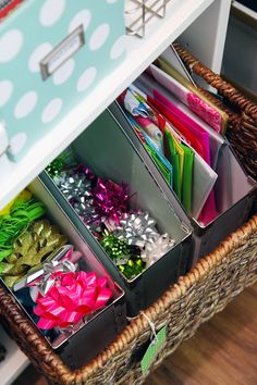 the drawers are filled with many different items in baskets on the floor next to each other