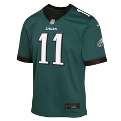 Get ready to show your support for the Philadelphia Eagles in this Youth AJ Brown Nike Game Jersey. Made with 100% polyester, this jersey features a tagless collar and mesh side panels for breathability. The screen printed name, numbers, and logos make it officially licensed and perfect for game day. Tailored for movement, it's machine washable and adorned with the NFL shield at the collar. Go Eagles! Nike Football Season Sports Jersey, Nike Team Spirit Jersey For Sports Events, Nike Sports Jersey With Moisture-wicking, Nike Team-colored Moisture-wicking Jersey, Nike Moisture-wicking Team-colored Jersey, Nike Moisture-wicking Jersey For Sports Events, Nike Moisture-wicking Jersey For Sports, Nike Moisture-wicking Jersey, Nike Sports Jersey Crew Neck