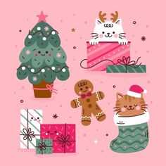 christmas greeting card with ginger cat, dog and tree in stocking caps on pink background