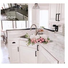 before and after photos of a kitchen countertop with white cabinets, marble countertops, and flowers on the sink