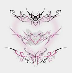 an artistic design with butterflies and stars on the bottom half of each piece, in pink