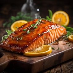 salmon on a cutting board with lemons and herbs