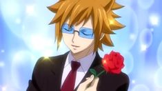 an anime character holding a rose in his hand