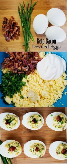 the ingredients for keto bacon deviled eggs on a cutting board