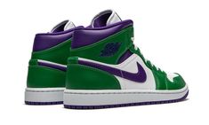 The Air Jordan 1 Mid “Aloe Verde/Court Purple” is yet another fresh look of Michael Jordan’s first signature shoe in mid-top form.  Employing a color scheme reminiscent of a certain anthropomorphic turtle cartoon character, the upper features vibrant green leather overlays covering the forefoot, collar, and heel.  A clean white leather base appears on the mid-panel and perforated toe.  Purple accenting dots the Swoosh hit on the mid-panel as well as on the padded collar.  Purple Wings detailing Turtle Cartoon, 70s Converse, Nike Dunk Low Disrupt, Nike X Travis Scott, Converse Run, Low Air Jordan 1, Converse Run Star, Jordan 8, Nike Air Max Plus