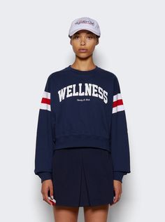 "Find SPORTY & RICH Wellness Ivy Rugby Crewneck on Editorialist. Cropped crewneck sweatshirt Slightly oversized fit Printed stripes around the arms100% Cotton, 11. 5 oz Shrink Free Garment Dyed Dimensions: Model is 5'9\"/175cm and is wearing a size S Composition: 100% Cotton Care: Care according to label" Collegiate Style Relaxed Fit Sports Sweatshirt, Collegiate Crew Neck Sports Sweatshirt, Sporty Crew Sweatshirt For Fall, Collegiate Relaxed Fit Sweats For Loungewear, Sporty Crew Neck Top For Fall, Sporty Crew Neck Sweater For Sports, Athleisure Sweats For College Sports Season, Oversized Crew Neck Sweats For Sports Season, Oversized Athleisure Sweatshirt For Sports