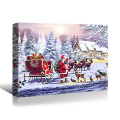 santa claus and his sleigh in the snow with reindeers canvas wall art