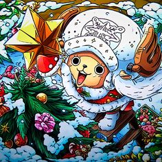 a painting of santa claus holding an umbrella in front of a christmas tree and other holiday decorations