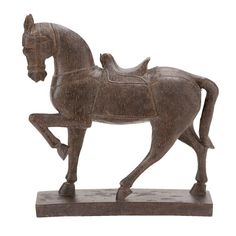 a bronze statue of a horse and rider on a wooden base, with white background