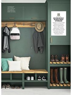 an image of a green bench in the middle of a room with shoes and hats on it