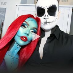 a man and woman in halloween costumes posing for a photo with the skeleton on their face