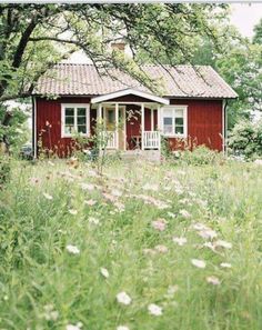 a small red house sitting in the middle of a lush green field filled with flowers