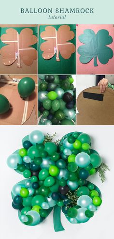 balloon shamrocks and balloons are arranged on the table