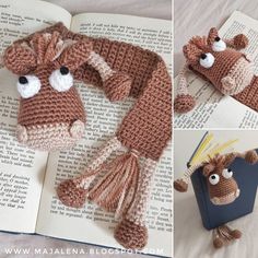 there is a crocheted cow hat and scarf on top of an open book