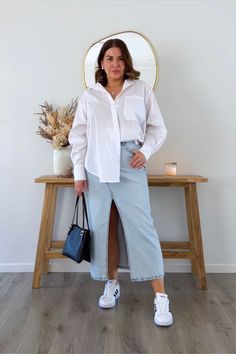 Dad Shirt curated on LTK White Button Down Shirt Skirt Outfit, White Shirt Outfit With Skirt, Denim With White Shirt, White Shirt And Long Skirt Outfit, Denim And White Outfits Casual, White Shirt And Denim Skirt, Denim Outfit Plus Size, Long Jean Skirt Outfits, White Outfit Casual