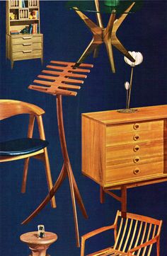 an advertisement for furniture from the 1950's and 1960s's, with wooden chairs