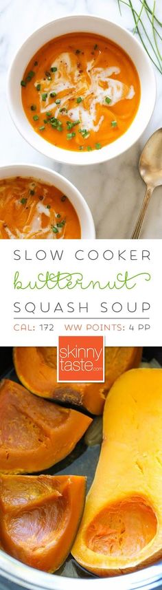 two bowls of soup with cheese on top and the words slow cooker butternut squash soup