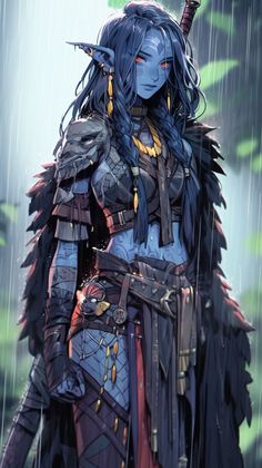 a woman with blue hair and armor standing in the rain