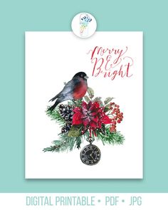 a christmas card with a bird sitting on top of holly branches and poinsettis