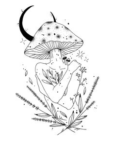 a black and white drawing of a woman sitting in front of a mushroom with the moon behind her