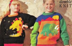 two children wearing sweaters with dinosaurs on them and the words double knit written below