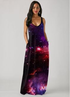 Color:Black;Size:S;Package Contents:1 X Dress;Occasion:Casual;Style:Casual;Clothing Length:142.00;Composition:95% Polyester, 5% Spandex;Washing Instructions:Hand Wash /Machine Washable;Neckline:Straps;Pattern Type:Galaxy;Dress Length:Maxi;Sleeve Style:Spaghetti Strap;Sleeve&apos;s Length:Sleeveless;Silhouette:Straight;Color Scheme:Black; Black Dresses Online, Galaxy Wedding, Galaxy Dress, Latest Dress For Women, Pocket Maxi Dress, Galaxy Fashion, Strap Maxi Dress, Dresses Club, Dresses Tight