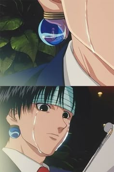 an anime scene with two images of the same person and one is looking at something