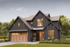 this is an artist's rendering of the front elevation of a house with two garages