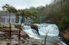 there is a large waterfall in the woods