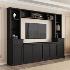 a black entertainment center with built in bookshelves