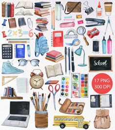 this is a watercolor painting of school supplies and things that are on the table