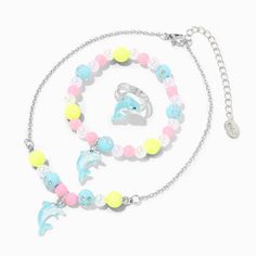 Claire's Club Sea Critter Dolphin Jewelry Set - 3 Pack | Claire's US Dolphin Bracelet, Necklace With Beads, Dolphin Jewelry, Packing Jewelry, Summer Plans, Diy Crafts Jewelry, Sea Beach