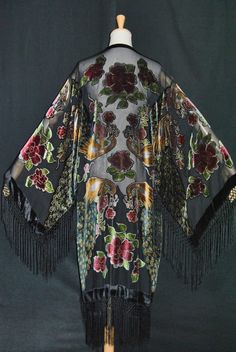 Fabulous Classic Black Peacock Mucha Vintage Style Velvet ArtDeco ArtNoveaux Mucha Fits All Sizes 6-14 Lovely Detailing Black Peacock, Bohemian Kimono, Fringe Jacket, Stevie Nicks