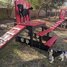 a black dog standing on top of a red bench