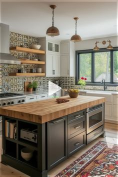 a large kitchen with an island in front of the stove and sink, surrounded by wooden shelves