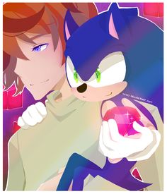 sonic the hedgehog holding an apple in his right hand and looking at it with green eyes